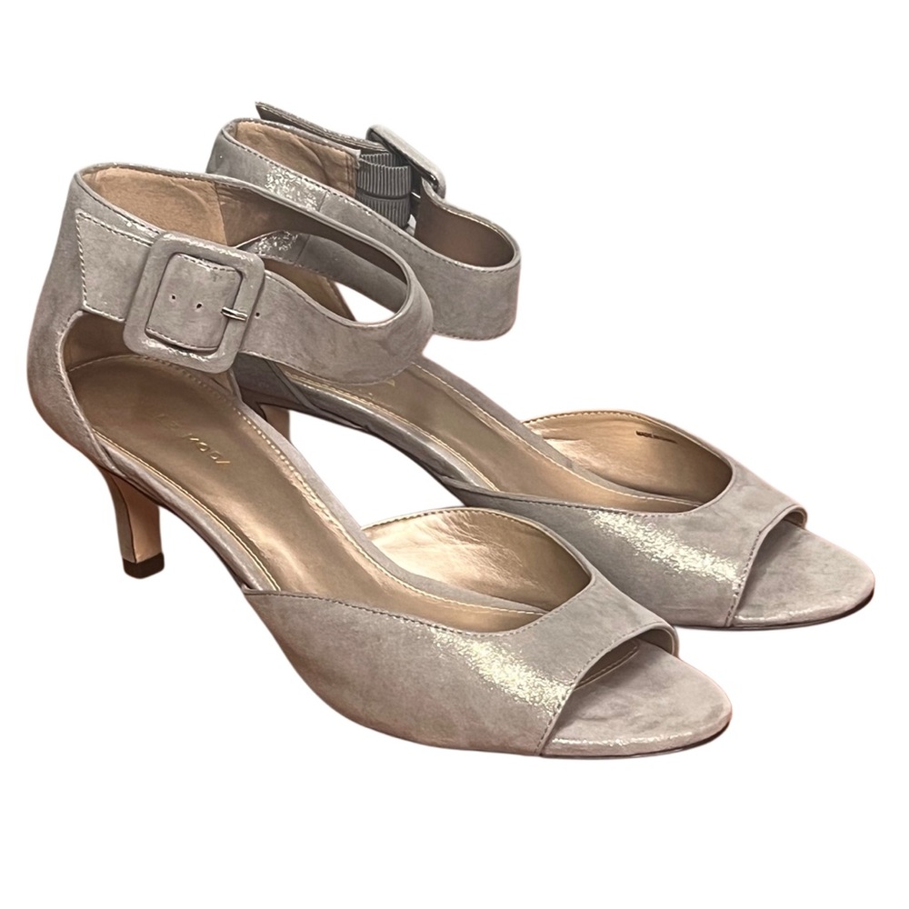 Pelle Moda Berlin Open Toe Suede Pewter Shimmer Sandals Size 9.5